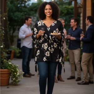 Urban Outfitters XL BOHO 100% Rayon Black Floral Long Sleeve Tunic VNeck